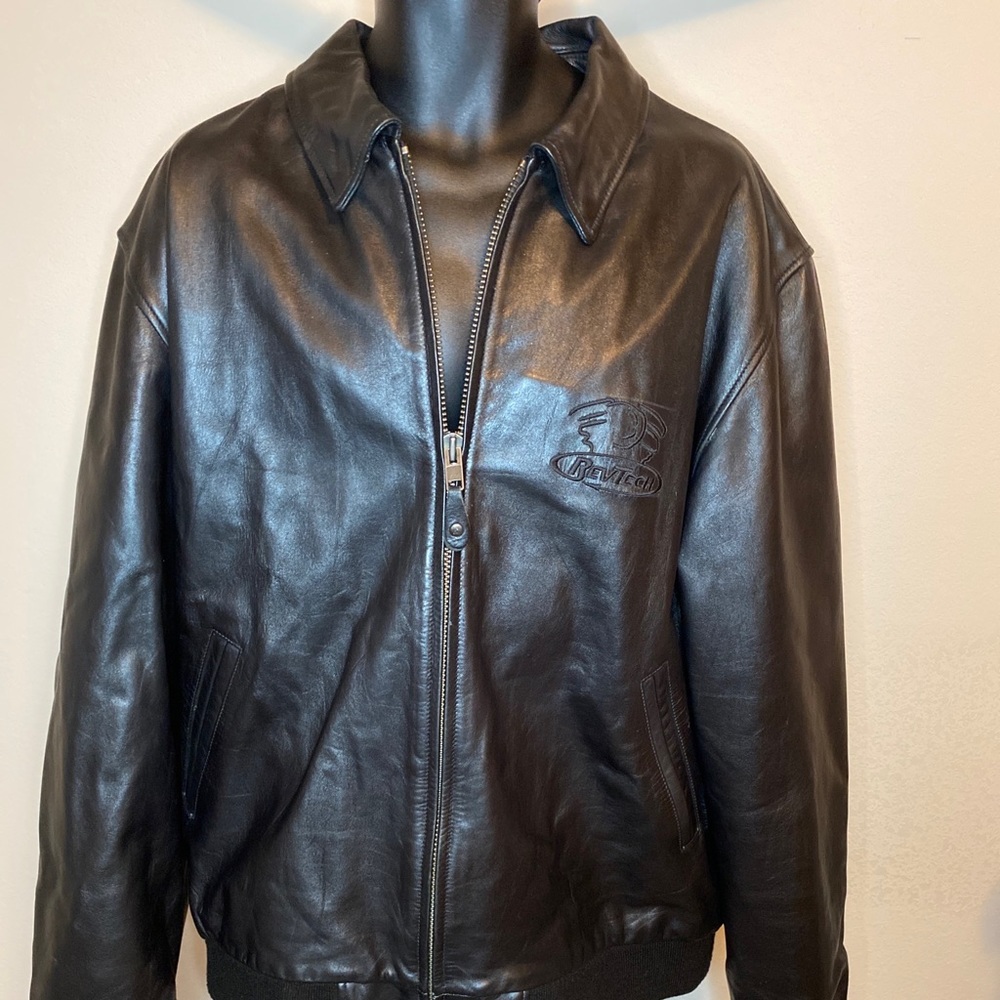 ❤️Sold Rev Tech Mens Black Quality Leather Bomber Moto Jacket Logo Size XXLT